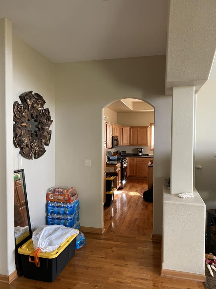 Existing interior hallway before renovation showing arched doorway leading to kitchen with oak floors